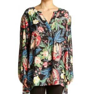 T Tahari Bold Floral Popover Top Womens Size 2X Black Multicolor Tunic Blouse